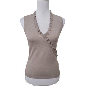 Jacob, Size M Taupe Colored V Neck Sleeveless Knit Sweater, Ruffle Detail